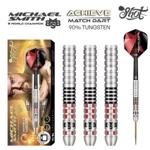 michael smith achieve dart set showing three barrels and one full length dart with a red fly silver body and golden tip