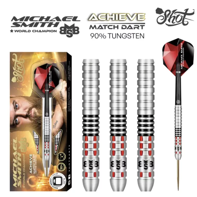 michael smith achieve dart set showing three barrels and one full length dart with a red fly silver body and golden tip
