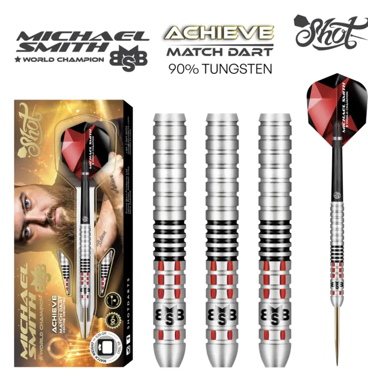 michael smith achieve dart set showing three barrels and one full length dart with a red fly silver body and golden tip