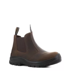 Angled view of Skechers SKX Work Chelsea Boot in Dark Brown emphasizing overall design and color