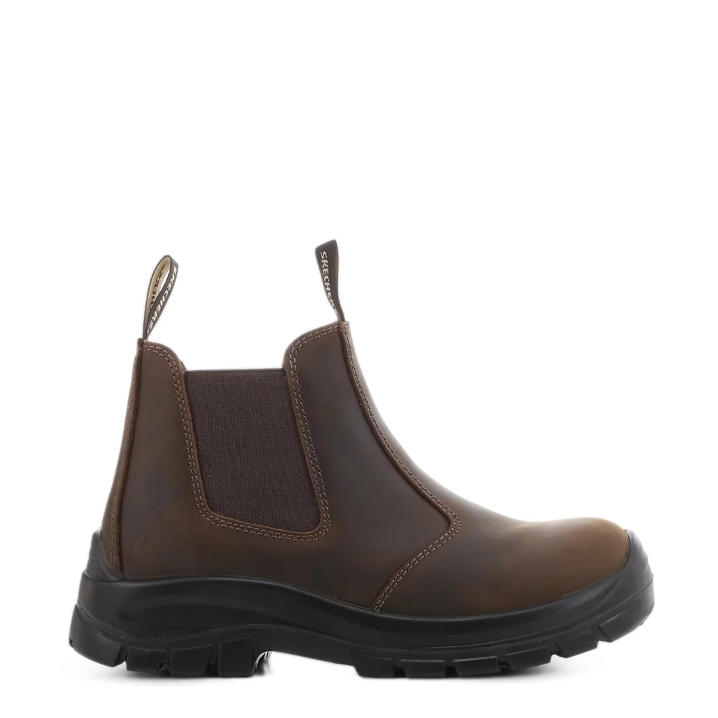 Side view of Skechers SKX Work Chelsea Boot in Dark Brown highlighting the wedge and sole design