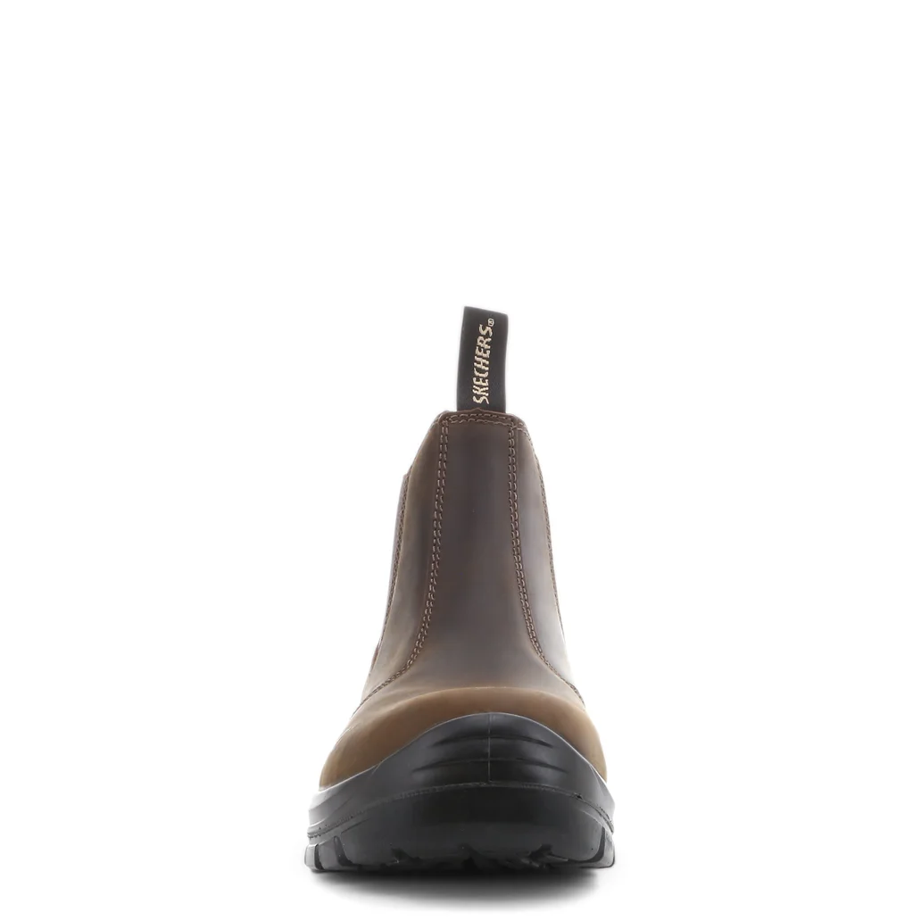 Front view of Skechers SKX Work Chelsea Boot in Dark Brown showing slim efficient design and logo tag
