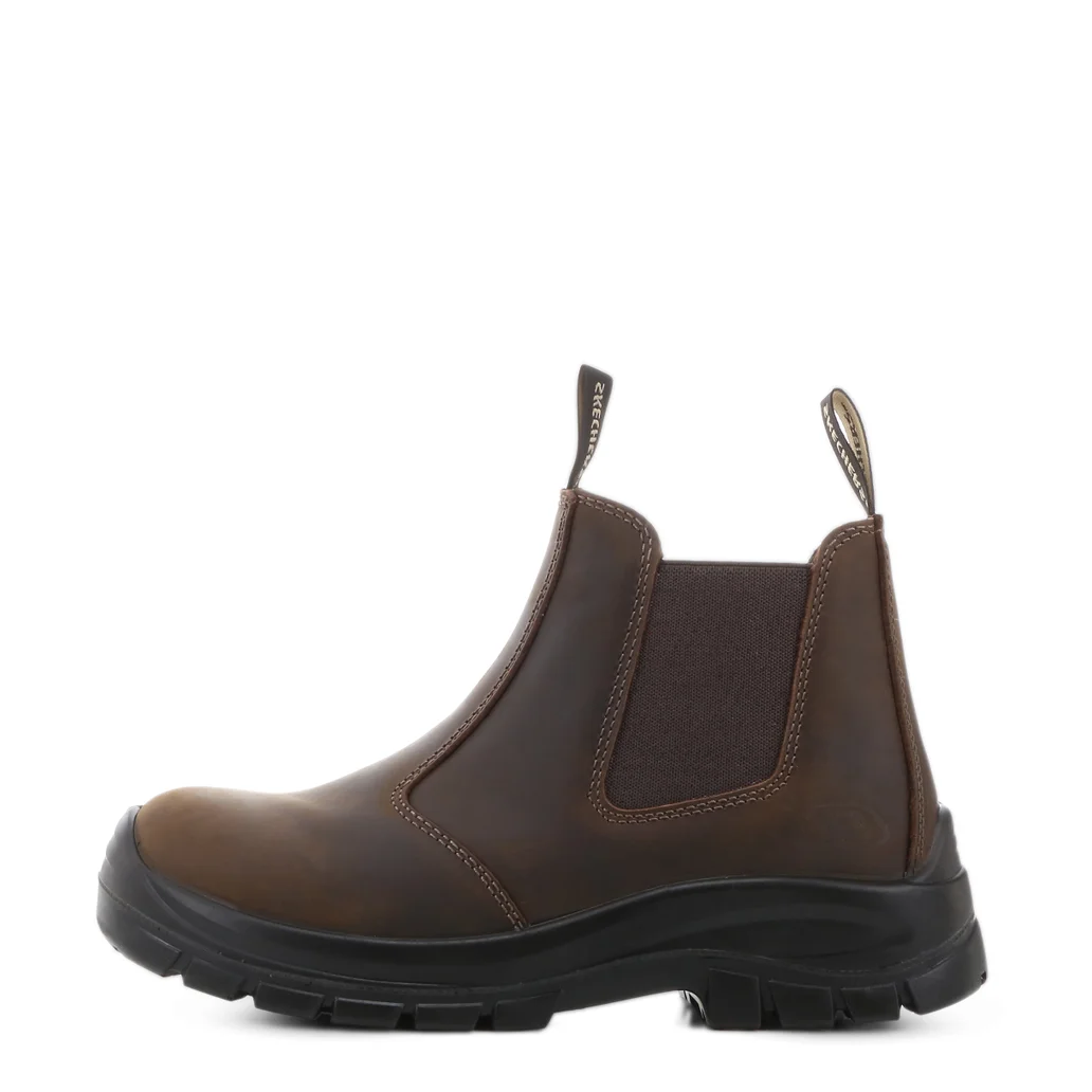 back Side view of Skechers SKX Work Chelsea Boot in Dark Brown highlighting the contour and sole design of the outside