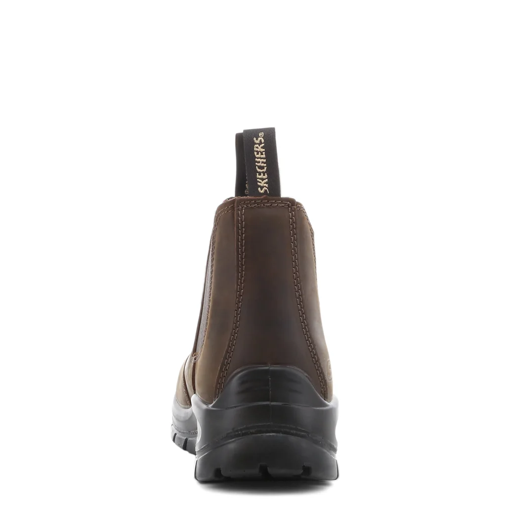 Back view of Skechers SKX Work Chelsea Boot in Dark Brown showcasing thick heel support and logo tag