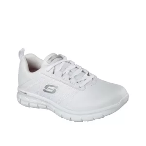 Front view of Sure Track Erath White, a slip-resistant Skechers shoe with laces and logo