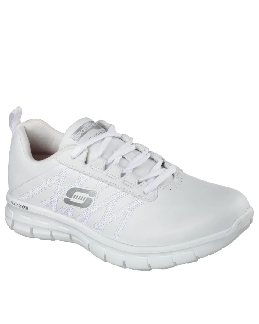 Front view of Sure Track Erath White, a slip-resistant Skechers shoe with laces and logo