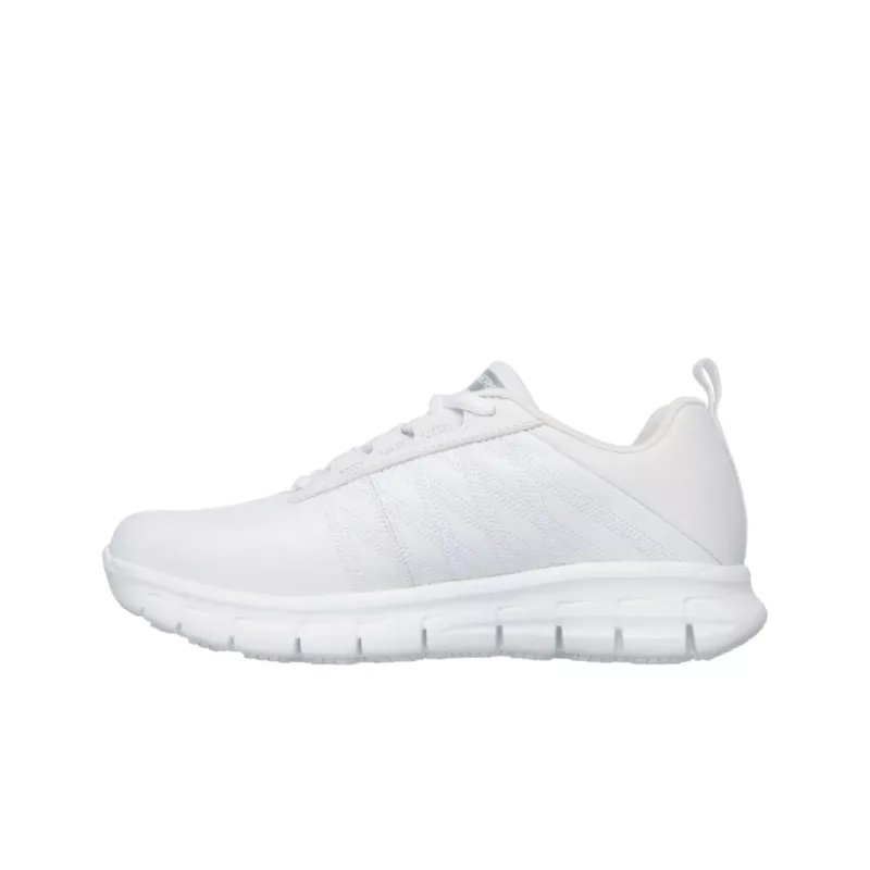 outside view of Sure Track Erath White, showcasing the unique pattern, sole design, and slip-resistant features