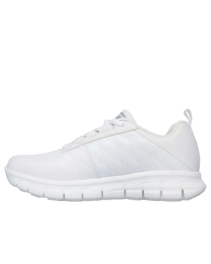 outside view of Sure Track Erath White, showcasing the unique pattern, sole design, and slip-resistant features