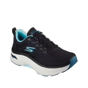 Front view of the Women's Max Cushioning Arch Fit in Black showcasing the laces and Skechers logo