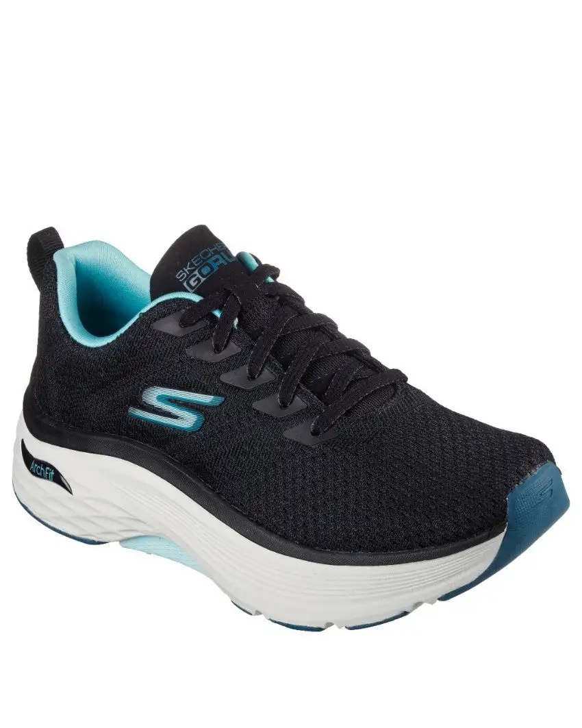 Front view of the Women's Max Cushioning Arch Fit in Black showcasing the laces and Skechers logo