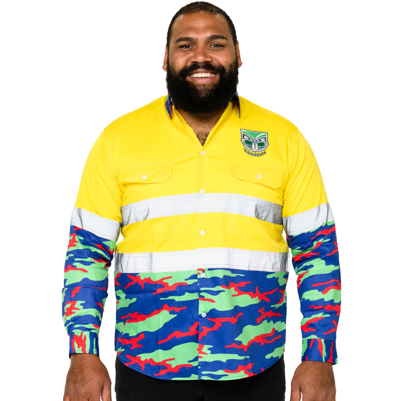 NRL WARRIORS 'CAMO' HI-VIS WORK SHIRT front view