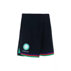 Right angled view of 2024 New Zealand Warriors men's alternate black gym shorts with zip pockets