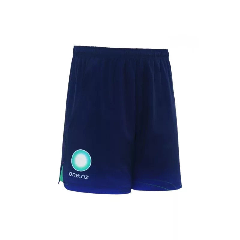 Right angled view of 2024 New Zealand Warriors men's navy gym shorts with zip pockets