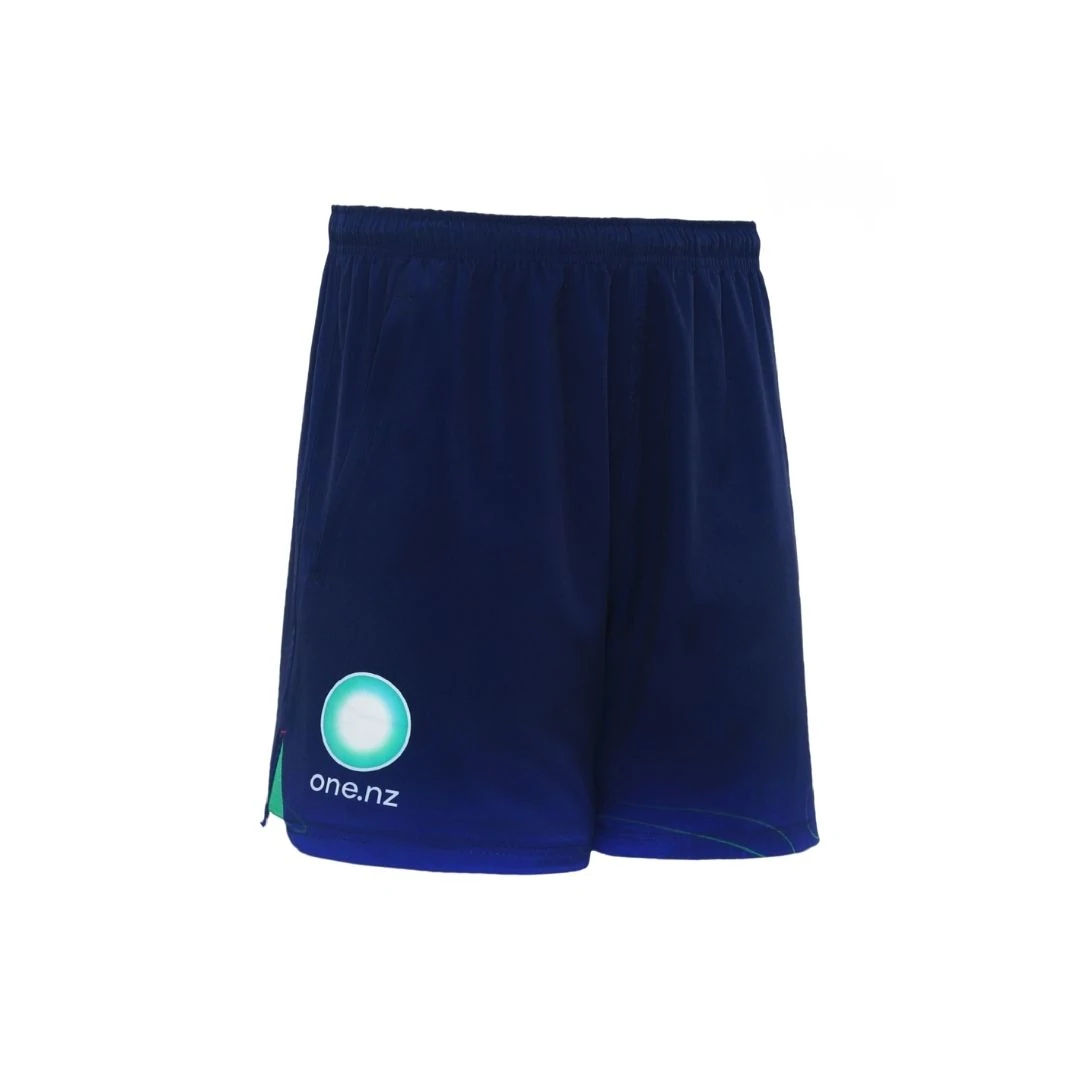 Right angled view of 2024 New Zealand Warriors men's navy gym shorts with zip pockets