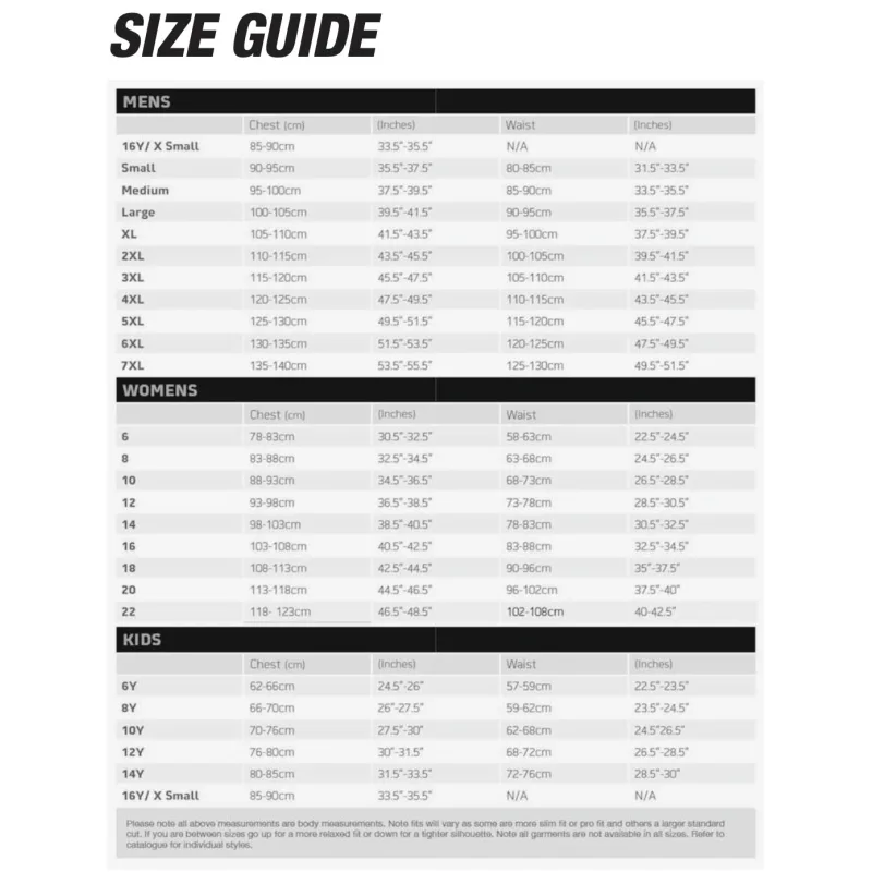 Classic Sportswear Size Chart