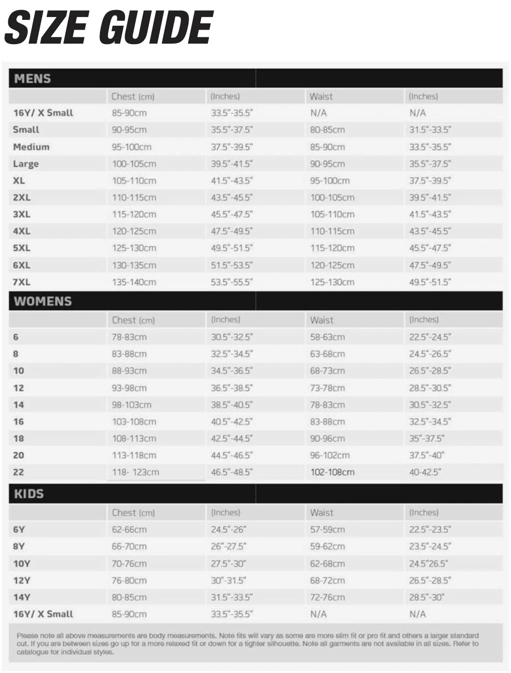 Classic Sportswear Size Chart