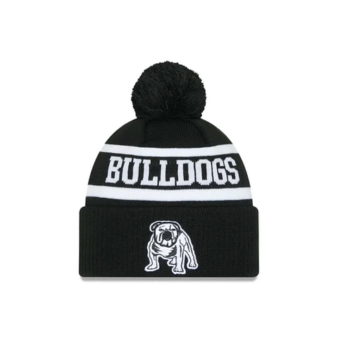 NRL Bulldogs Black and White Pom Pom Beanie Front View